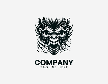 A fierce roaring monkey head is depicted with sharp teeth and intense expression in a bold black and white vector style.