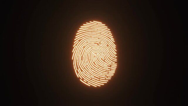 "Golden glowing fingerprint pattern illuminated against dark background, symbolizing identity, security, authentication, and digital access"