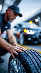 Seasonal car maintenance with tire change in residential garage