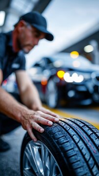 Seasonal car maintenance with tire change in residential garage