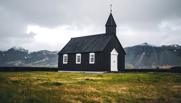 Black church in field