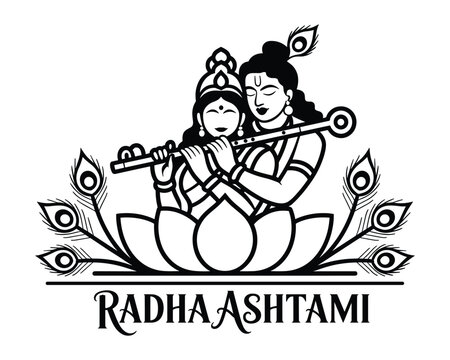 Lord Krishna and Radha Playing Flute Surrounded by Lotus and Peacocks with happy radha ashtami concept.