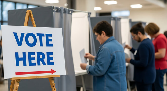 Democratic Election Concept Featuring a Vote Here Signage Placed Before Private Voting Booths with Blurred Citizens Casting Ballots in a Local Polling Station during Political Governance Event