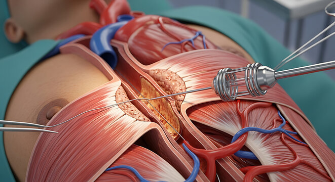 Medical illustration of a cardiovascular procedure showing stent implantation to unblock an artery, supporting healthy blood circulation and vascular health in a patient with heart disease.