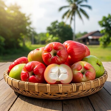 Fresh Star Apples in Wicker Basket.