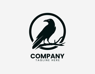 Naklejka premium Black line illustration of raven sitting on circular tree branch isolated on white background dark minimalist style symbolic nature