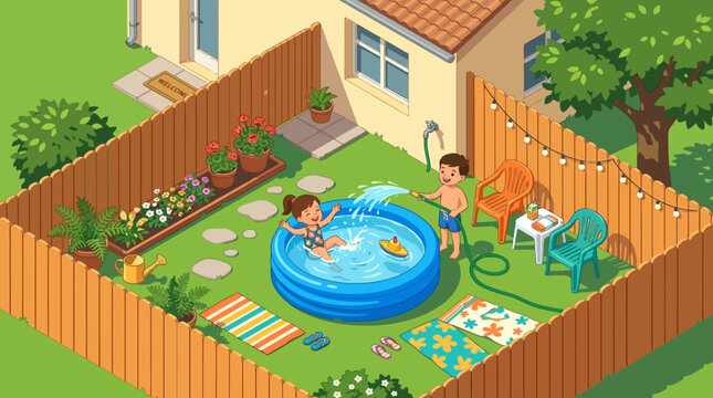 Children Playing In Inflatable Pool On Sunny Summer Day