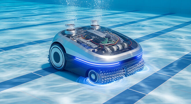 Automated robotic pool cleaner submerged underwater scrubbing blue mosaic tiled swimming pool floor using advanced maintenance technology for crystal clear water hygiene.