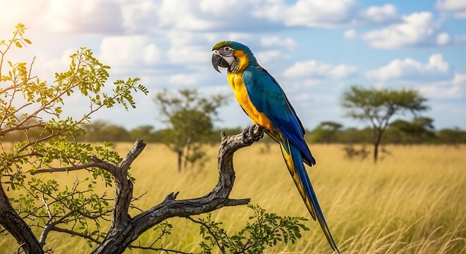 Blue and Yellow Macaw Parrot on Tree Branch.