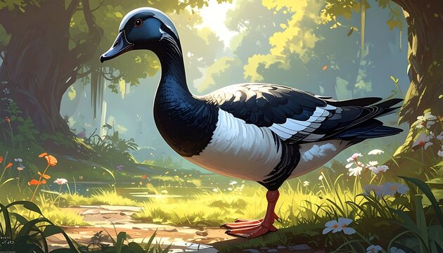 Duck with black head and white body stands in sunlit woodland, near a stream, amid flowers and trees