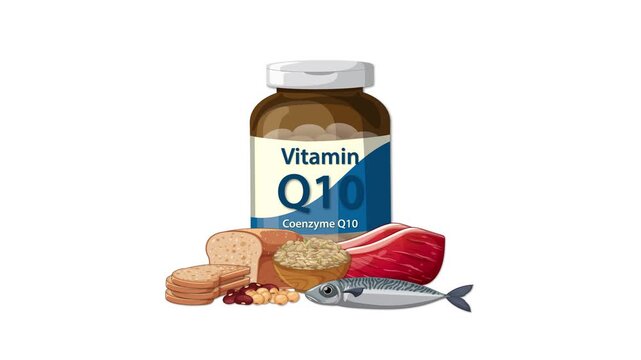 Animated collection of food sources rich in coenzyme q10 and supplement bottle on white background.