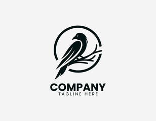 Naklejka premium Black line illustration of raven sitting on circular tree branch isolated on white background dark minimalist style symbolic nature