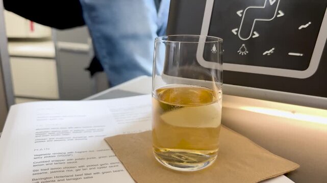 Glass of beverage on tray table with airline meal menu and seat controls.