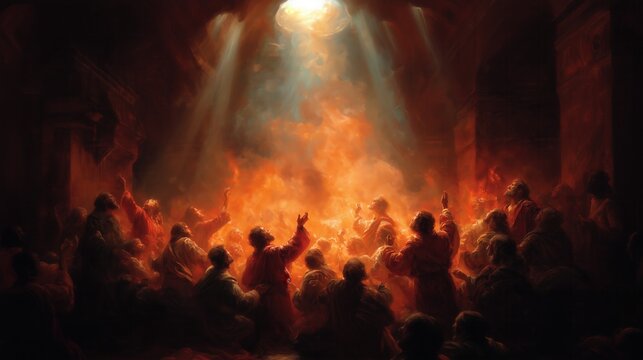 Pentecost Holy Spirit Divine Fire Oil Painting of Apostles Praying