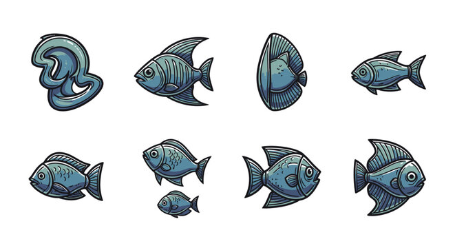 Blue fish in various swimming positions.