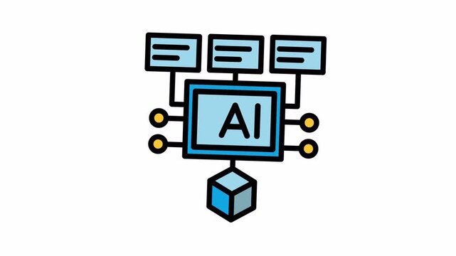 An icon illustrating Artificial Intelligence (AI) processing data, with a central AI unit connected to multiple input/output modules and a resulting cube.