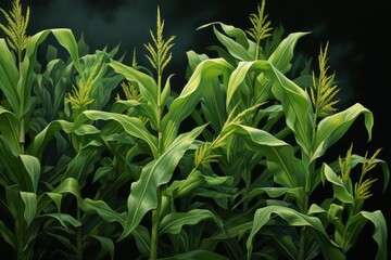 Fototapeta premium Lush green corn stalks thrive in a field, their tassels reaching towards a dark, dramatic sky