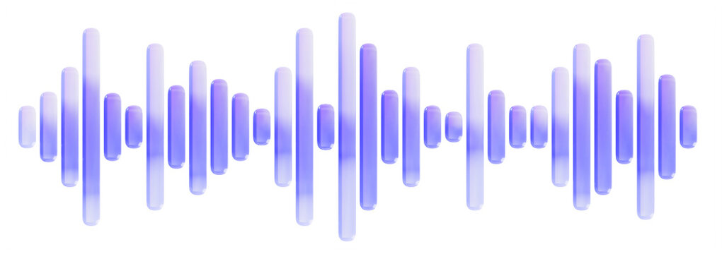Hologram glass sound wave 3d icon - vertical linear pattern with purple blue neon gradient. Audio frequency, radio pulse, record voice message. Volume music track line motion effect