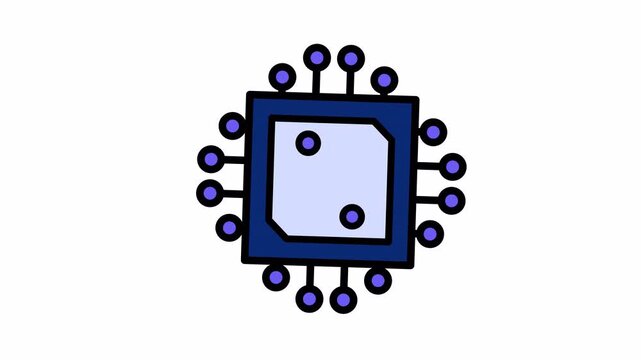 Blue computer chip with pins animated icon, ideal for technology blogs, website banners, or illustrations related to computers and electronics.