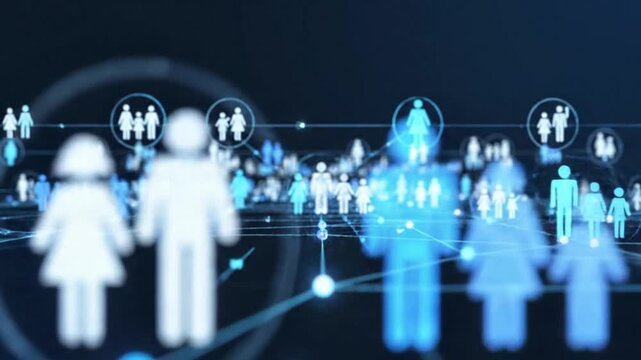 Abstract digital network connecting diverse people icons in a futuristic glowing blue and white data visualization