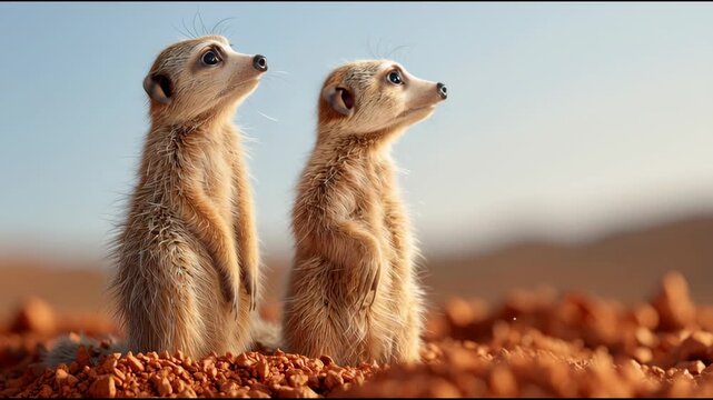Two meerkats standing upright on reddish soil, gazing into the distance under a clear blue sky, showcasing their alertness and curiosity in a natural habitat