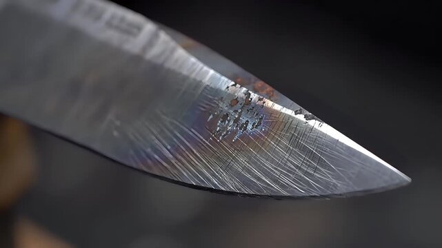 Close up of a sharp knife blade with rainbow oxidation marks.