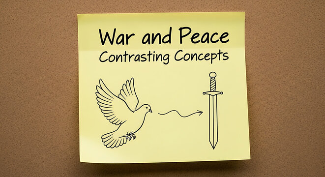 Peaceful white dove and sharp metallic sword symbols on yellow sticky note representing war and peace contrast for diplomatic conflict resolution and harmony concept