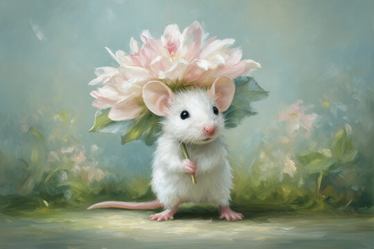 Baby Mouse & Flower Umbrella. A tiny white baby mouse holding a large flower above its head like a parasol, petals creating soft shade. 