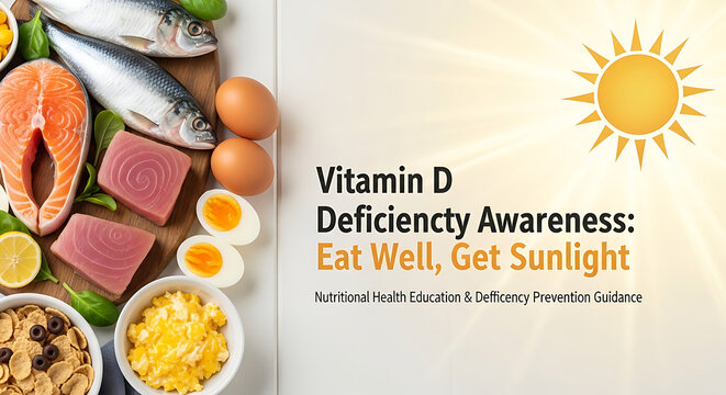 Nutrition concept for Vitamin D deficiency showing natural food source including fatty fish, organic egg, and dairy under warm sunlight for health, bone strength, and wellness awareness.