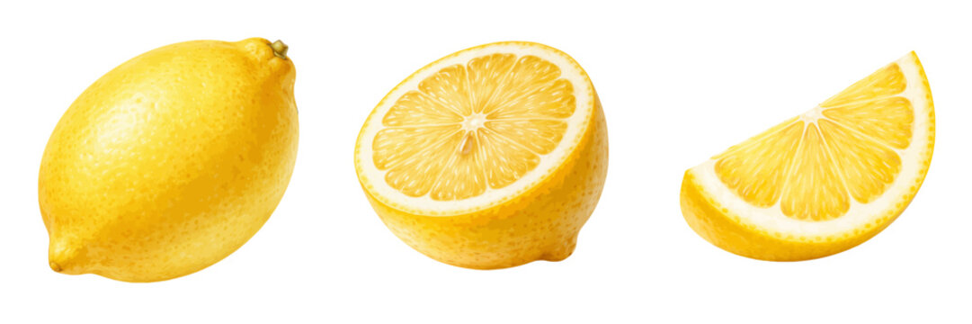 A vibrant watercolor lemon collection featuring whole citrus fruit a halved lemon and a fresh juicy slice illustrated in a bright natural botanical style