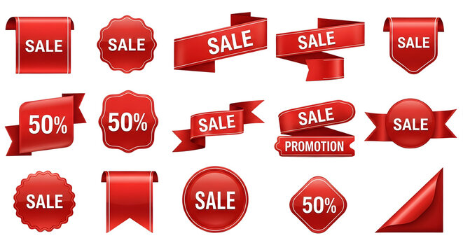 Red sale banners collection discounts promotions special offers isolated on transparent background