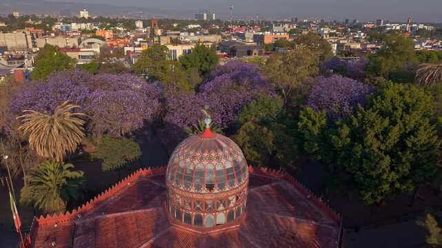 Aerial view of the Kiosco Morisco, a movable heritage site in CDMX in Santa Maria de la Ribera at sunset, Mexico
