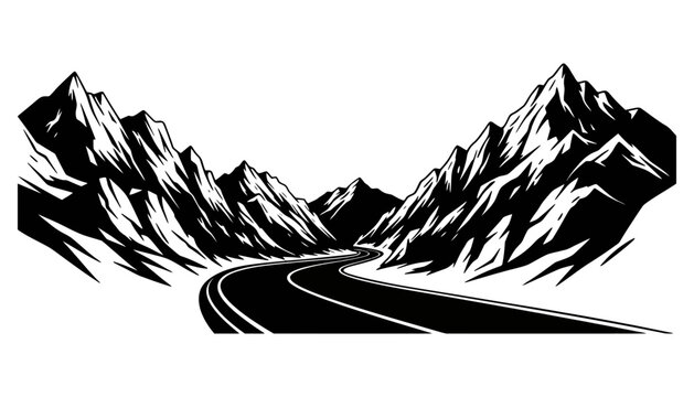 Mountain road vector illustration with a black and white scenic view