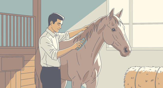 Man brushing horse in stable.