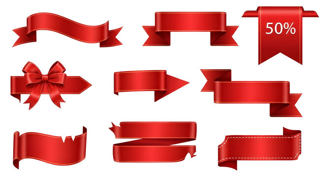 Red sale ribbons banners collection isolated on transparent background