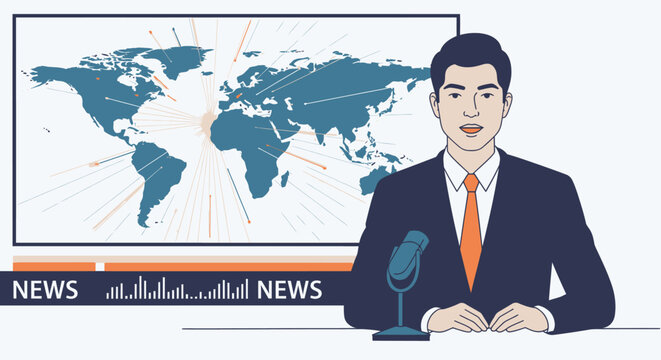 Man in suit sitting at news desk.