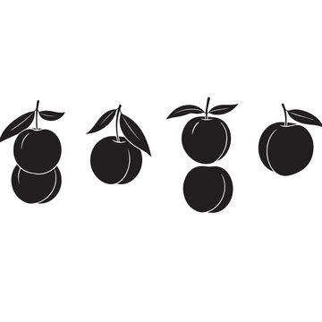 Ripe Peaches Hanging Tree Silhouette Vector Illustration, Peach Fruit Branch Minimal Black White Design Set, Peach Tree Silhouette Simple Vector Pack