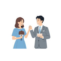Fototapeta premium Couple celebrating with cake and flowers, happy occasion, vector illustration