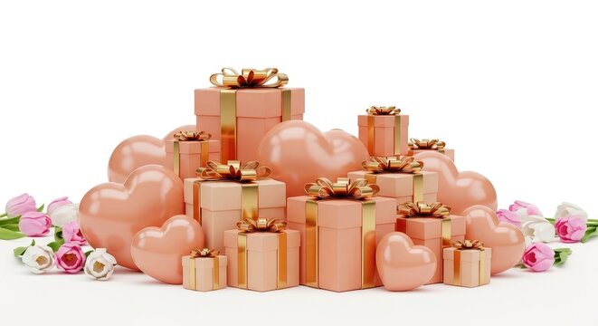 Peach colored gifts and heart balloons with pink and white flowers mother's day background wallpaper poster banner download 2026 2027