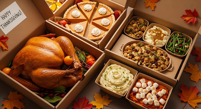 Festive Thanksgiving dinner delivered in cardboard boxes featuring roasted whole turkey classic pumpkin pie seasonal vegetables and savory bread stuffing for holiday home catering