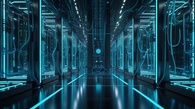 Cinematic wide shot of a futuristic quantum computer server room with towering glass pillars of glowing neon fiber optic cables