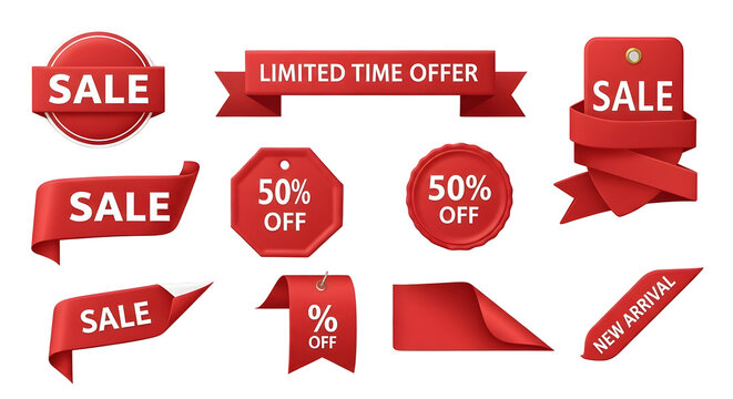 Red sale banners ribbons collection limited time offer discounts promotions