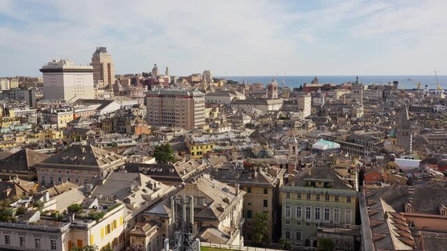 Genoa Cityscape Zoom Through Vintage Stained Glass Window, Italy landmarks establishing