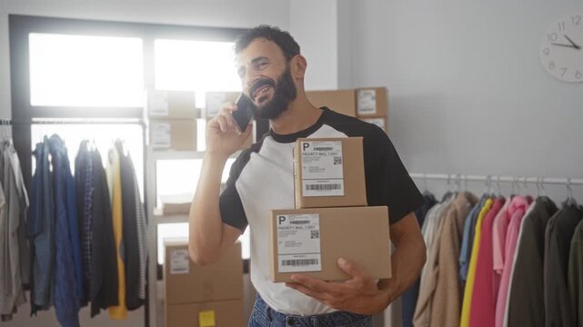 Man holding two cardboard boxes in a small ecommerce studio while talking on a smartphone; small business pride.