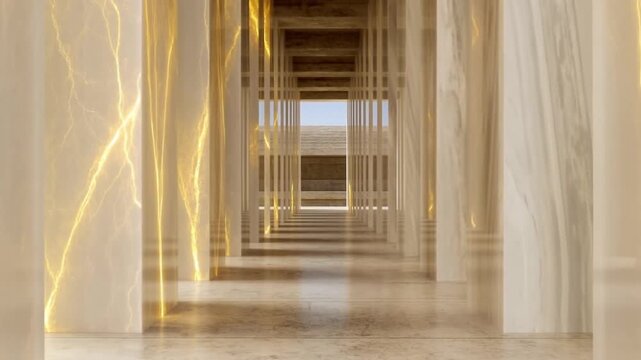 ラグジュアリーコンセプト向けの光り輝く金の鉱脈を持つ古代のアラバスター神殿