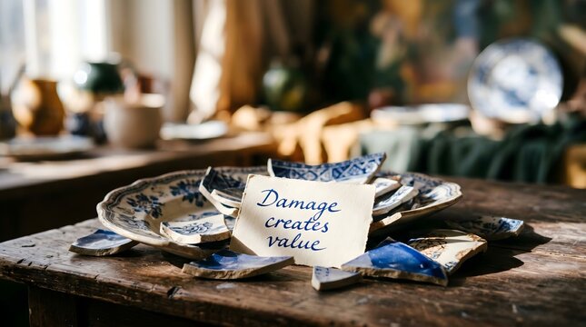 Broken porcelain with &ldquo;Drama creates value&rdquo; note &mdash; handwritten affirmation aesthetic photography reframing emotional intensity as meaningful depth