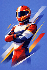 Fototapeta premium Racing Driver with Arms Crossed in Formula 1 Suit and Helmet, Dynamic Graphic Art
