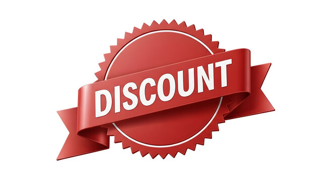 Red discount sale ribbon banner isolated on transparent background for promotions
