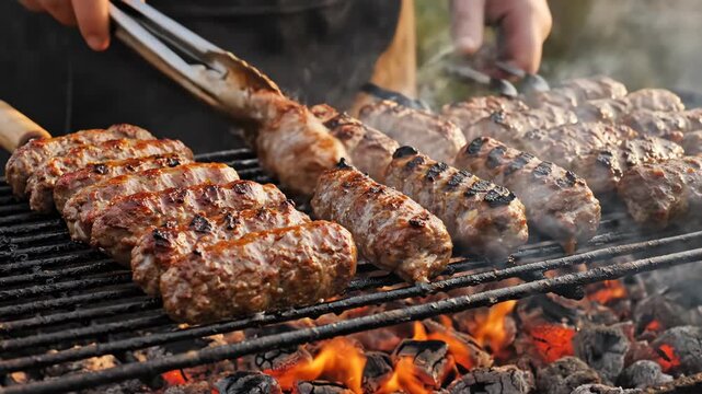 Grilled meat rolls cooking on barbecue with flames and smoke