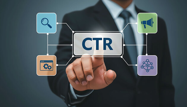 Business Professional Pointing to CTR Button for Digital Marketing and SEO Strategy